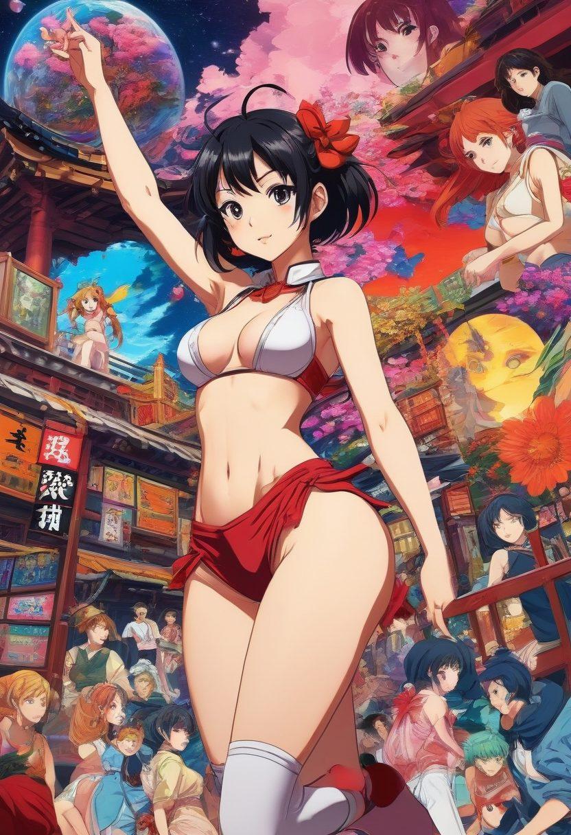 A vibrant and colorful collage illustrating the evolution of hentai, showcasing a blend of adult animation styles, interactive gaming elements, and iconic characters in dynamic poses. Include a contrasting background that captures the essence of digital art and traditional anime aesthetics. Incorporate playful and whimsical touches to highlight the playful nature of the genre. surreal art, vivid colors, modern anime style.