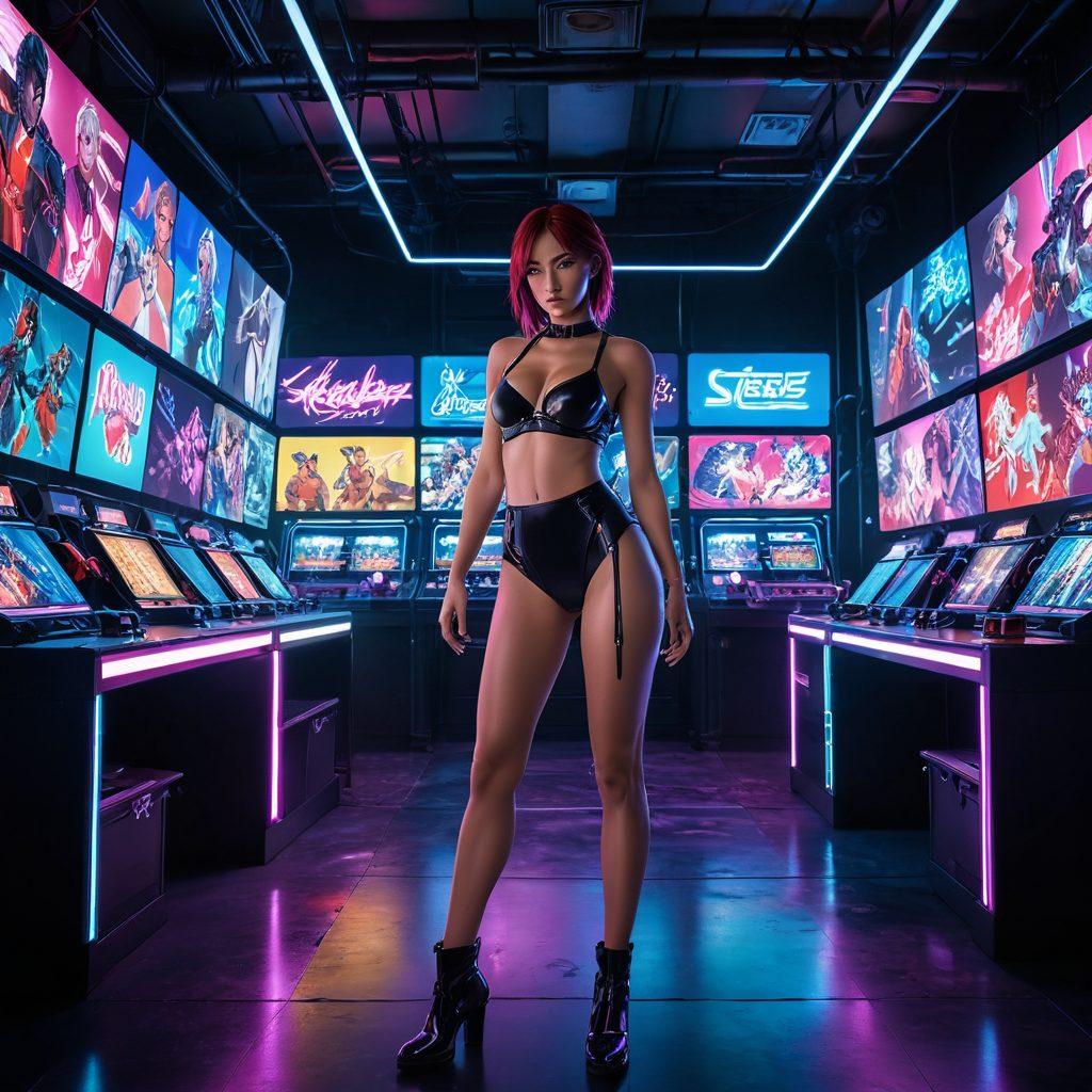 A dynamic composite image featuring a vibrant mix of digital art elements representing adult-themed interactive games, with vivid characters in various poses, glowing neon lights reflecting a virtual environment, and interactive user interfaces displayed, symbolizing a transition from screens to immersive experiences. The setting should have a blend of futuristic gaming aesthetics and playful, erotic elements that capture the essence of hentai culture. cyberpunk. vibrant colors. 3D.
